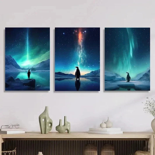 3pcs Penguins Aurora Borealis Northern Perfect Wall Art Set Canvas Framed 40x60cm - High Quality Print 100% Australian Made Wall Canvas Ready to Hang