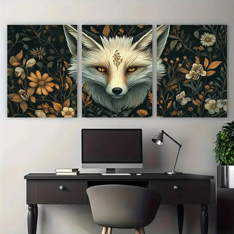 3pcs Vintage Aesthetic Floral White Fox Wall Art Set Canvas Framed 40x60cm - High Quality Print 100% Australian Made Wall Canvas Ready to Hang