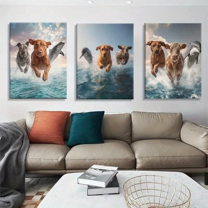 3pcs Funny Animals Dogs Cows and Dolphins Jumping Metal Print Ready to Hang Art
