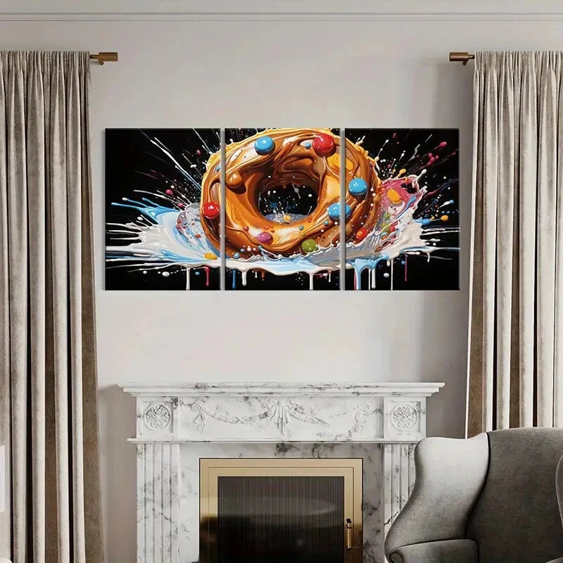 3pcs Creative Donut Art Colorful Splash Abstract Metal Print Ready to Hang Art