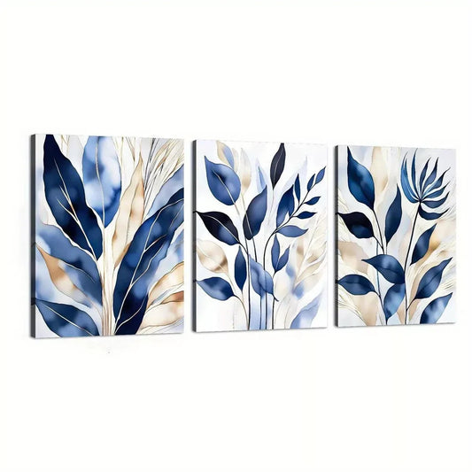 3pcs Botanical Abstract Elegant Blue Leaves Wall Art Set Canvas Framed 60x90cm - High Quality Print 100% Australian Made Wall Canvas Ready to Hang