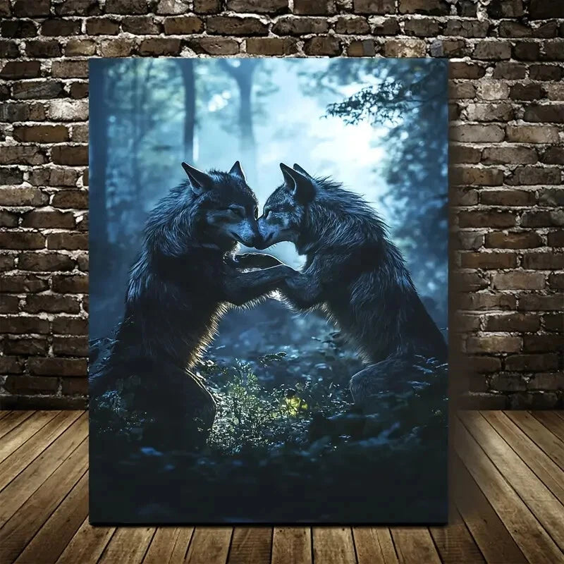 Wolf Wrestling in Magical Forest Painting 40x60cm Metal Print Ready to Hang
