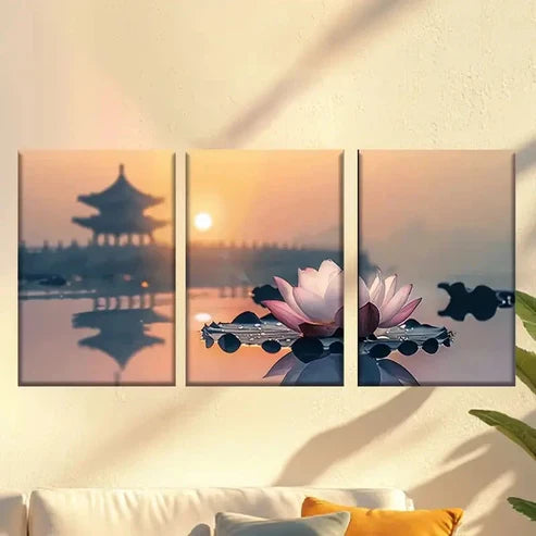 3pcs Lotus flower on table Wall Art Set Canvas Unframed - High Quality Print 100% Australian Made Wall Canvas