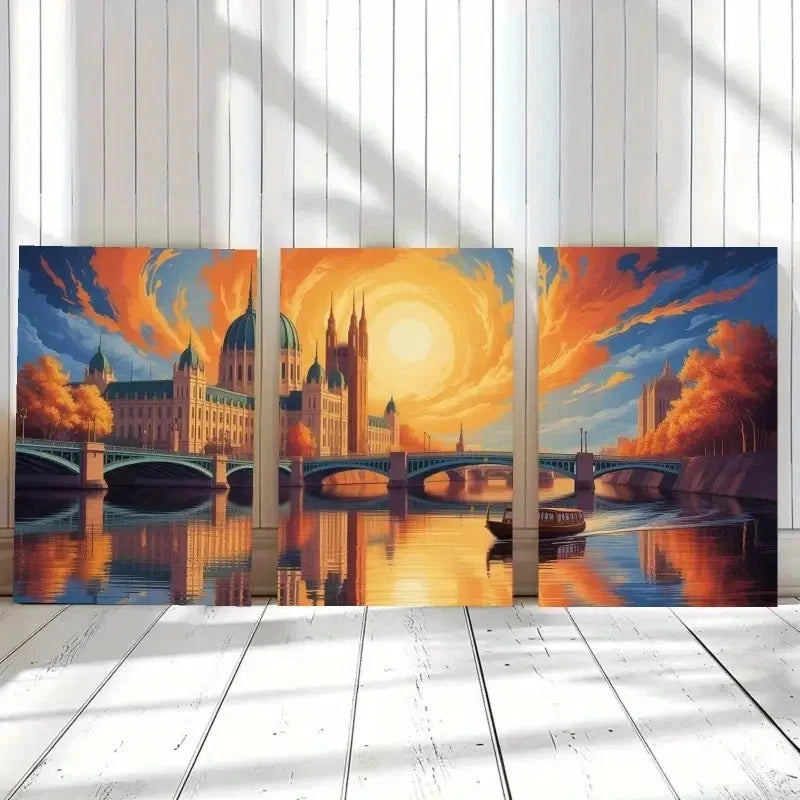 3pcs Cityscape Painting with Parliament Building Metal Print Ready to Hang Art