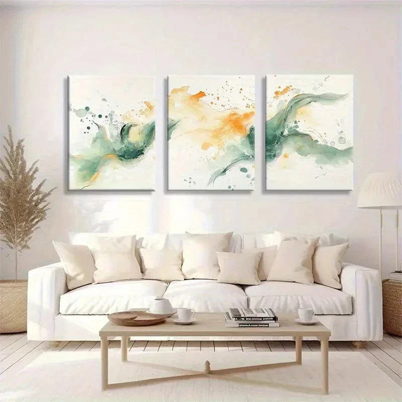 3pcs Watercolor Abstract Green and Orange Flowing Metal Print Ready to Hang Art