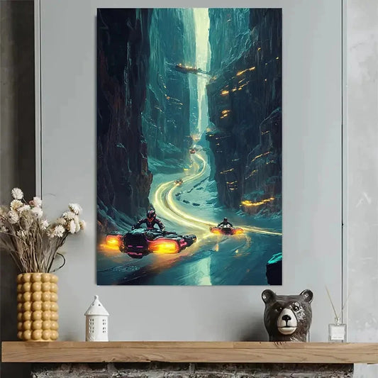 Cyberpunk Canyon Racing Sci-Fi Poster 40x60cm Metal Print Ready to Hang