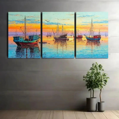 3pcs Fishing Boats in Seaside Scene Painting Metal Print Ready to Hang Art