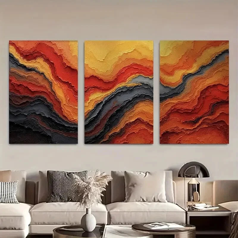 3pcs Vibrant Red Orange & Black Lava Flow Design Metal Print Ready to Hang Art