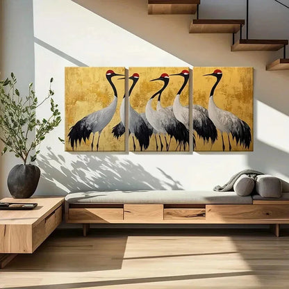 3pcs Elegant Cranes Golden Background Metal Print Ready to Hang Art