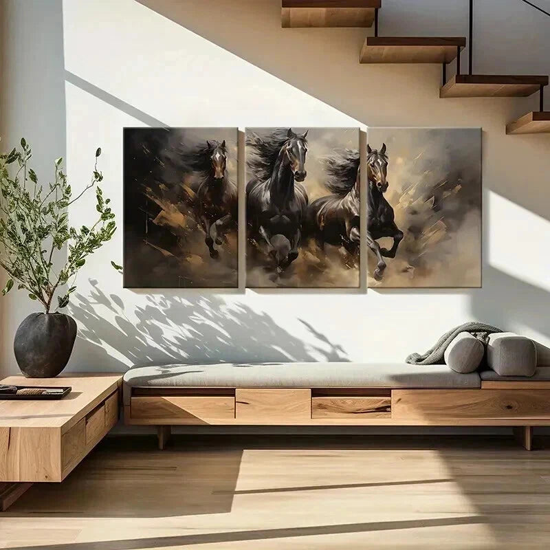 3pcs Galloping Horse Watercolor Style Wall Art Set Canvas Framed 40x60cm - High Quality Print 100% Australian Made Wall Canvas Ready to Hang