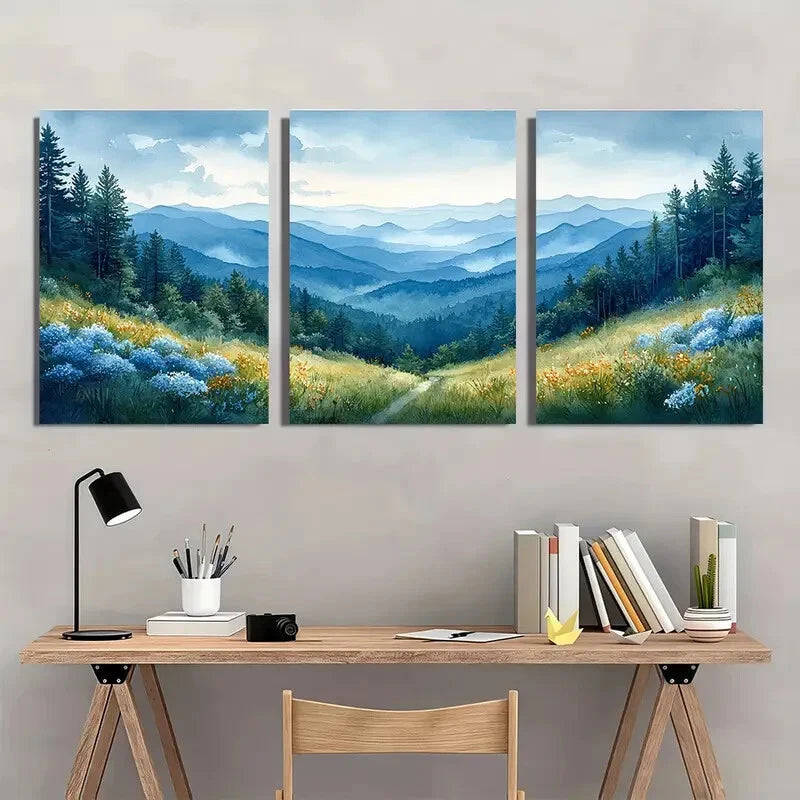 3pcs Watercolor Landscape of North Carolina Mounts Metal Print Ready to Hang Art
