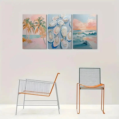 3pcs Tropical Palm Trees Seashell Pattern Metal Print Ready to Hang Art