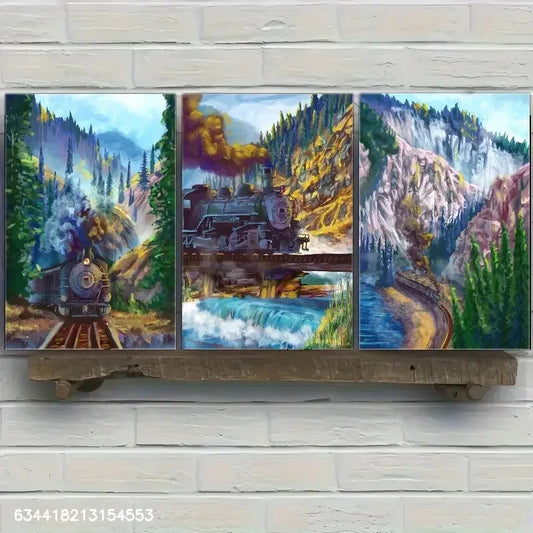 3pcs Train in the Forest Canvas Art Set Metal Print Ready to Hang Art