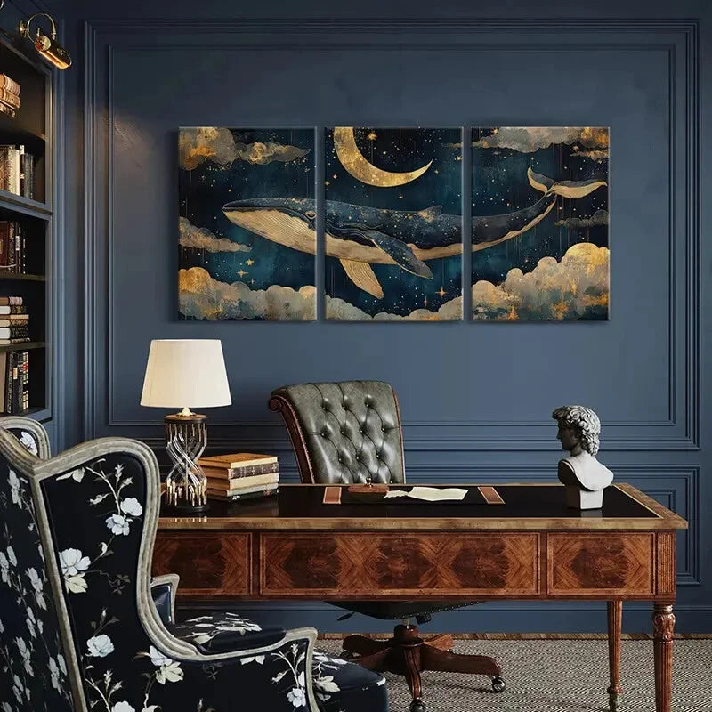 3pcs Whale Dream Sky Moon Stars Clouds Night Art Metal Print Ready to Hang Art