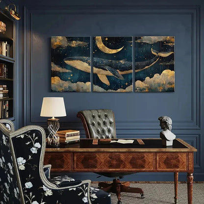 3pcs Whale Dream Sky Moon Stars Clouds Night Art Metal Print Ready to Hang Art