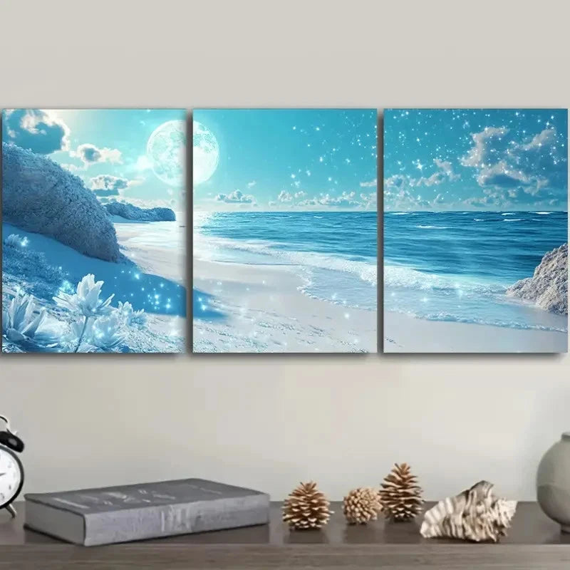 3pcs Seascape Beach Blue Sky White Clouds Metal Print Ready to Hang Art
