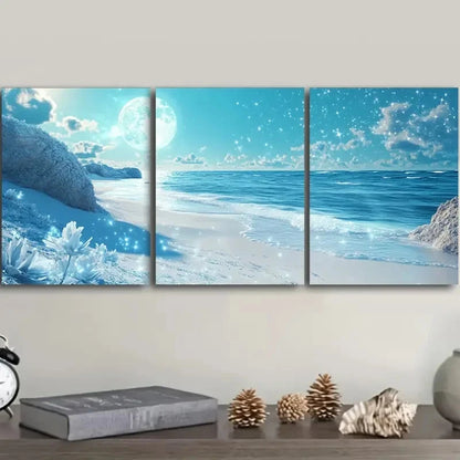 3pcs Seascape Beach Blue Sky White Clouds Metal Print Ready to Hang Art