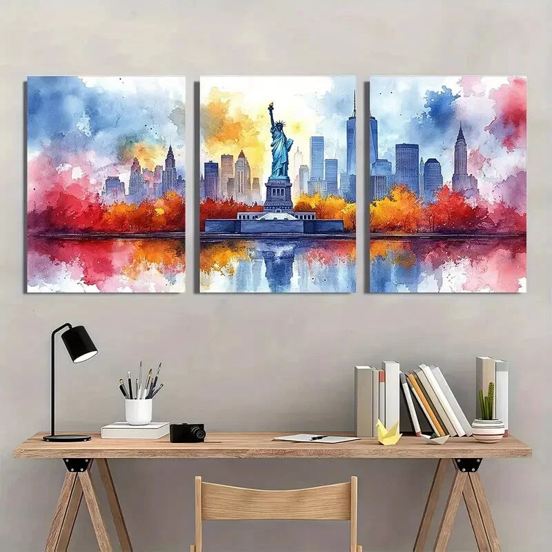 3pcs Statue of Liberty Watercolor Print Metal Print Ready to Hang Art