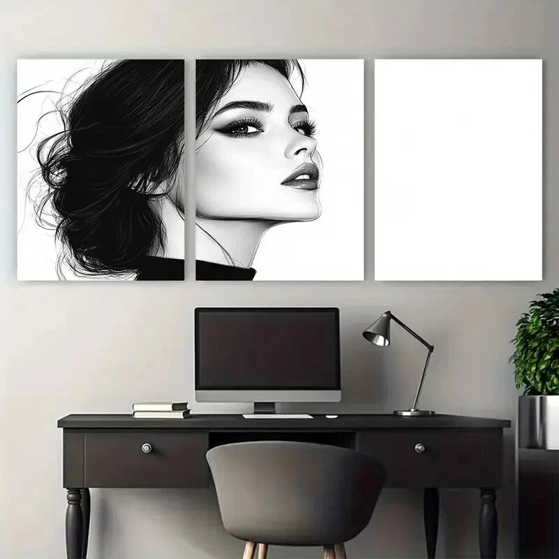 3pcs Elegant Black Fashion Woman Illustration Metal Print Ready to Hang Art