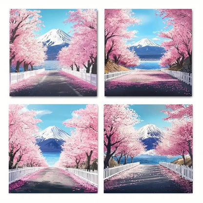4pcsCherry Blossom & Mt. Fuji Road ScenesWall Art Canvas Framed