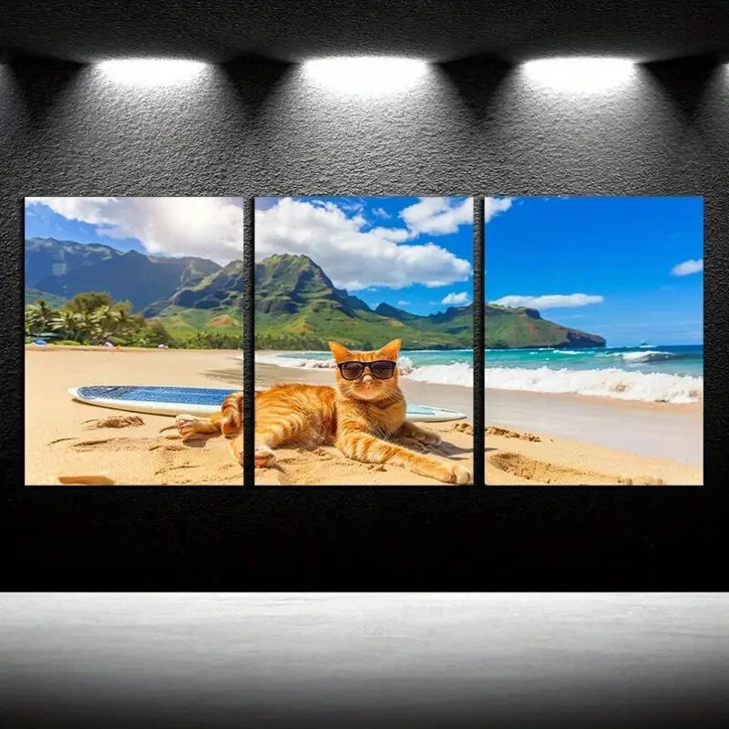 3pcs Charming Cat Surfing on a Surfboard in Bali Metal Print Ready to Hang Art
