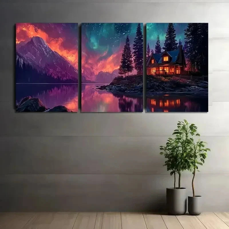 3pcs Vibrant Oil-Style Cabin in The Woods Metal Print Ready to Hang Art