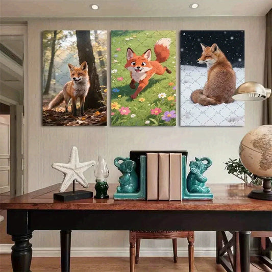 3pcs Autumn Forest Playful Fox in Meadow Metal Print Ready to Hang Art