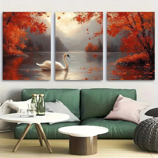 3pcs Swan with Calming Lake Maple Leaf Metal Print Ready to Hang Art