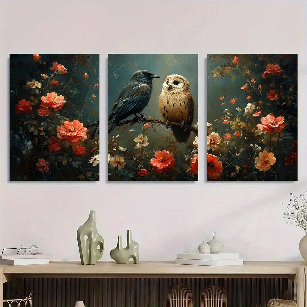 3pcs Owl Crow Floral & Foliage Forest Vintage Metal Print Ready to Hang Art
