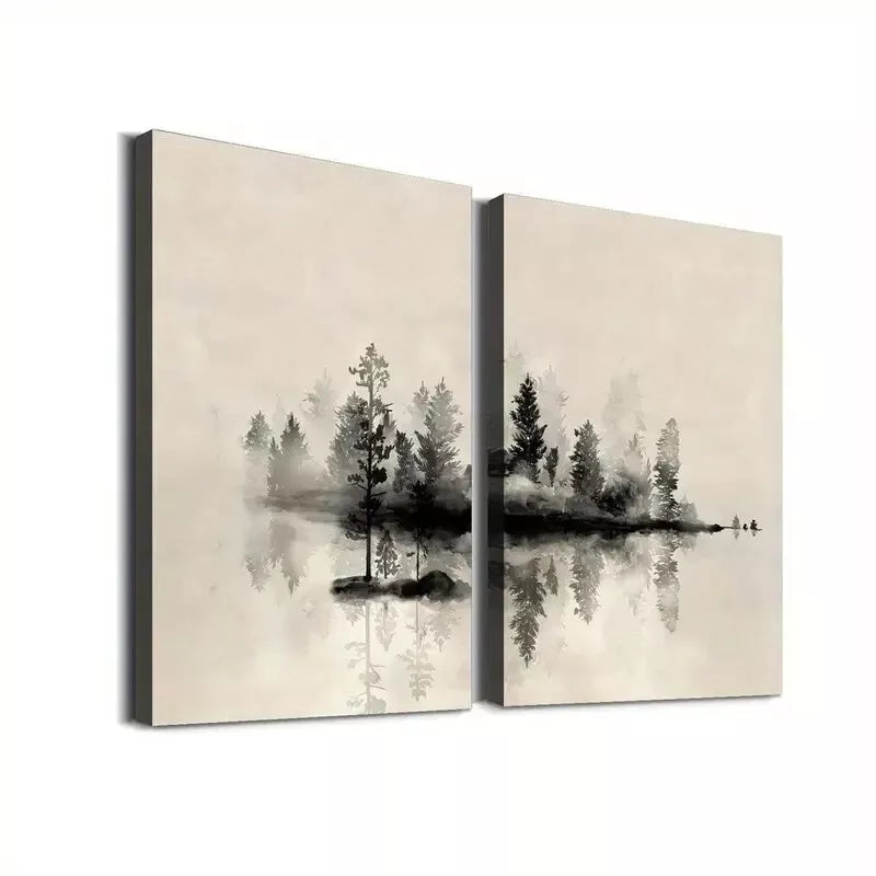 2pcs Abstract Trees And Lake Painting Framed 50x75cm - High Quality Print 100% Australian Made Wall Canvas Ready to Hang