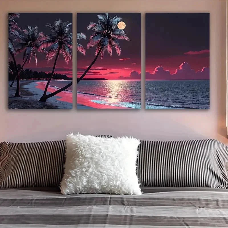 3pcs Full Moon Over The Beach Scene Wall Art Set Canvas Framed 60x90cm - High Quality Print 100% Australian Made Wall Canvas Ready to Hang