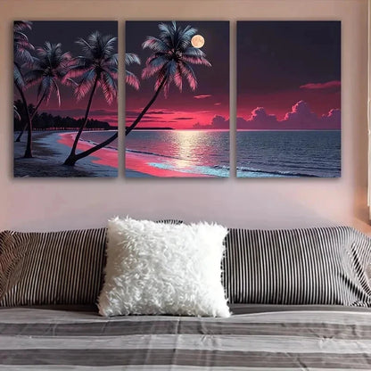 3pcs Full Moon Over The Beach Scene Wall Art Set Canvas Framed 60x90cm - High Quality Print 100% Australian Made Wall Canvas Ready to Hang