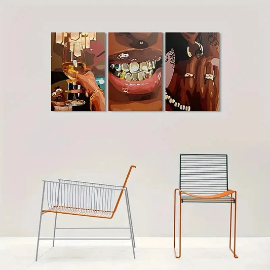 3pcs Teeth and Champagne Glass Metal Print Ready to Hang Art
