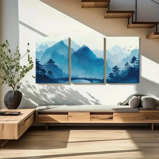 3pcs Asian Landscape Traditional Pagoda Scenery Metal Print Ready to Hang Art