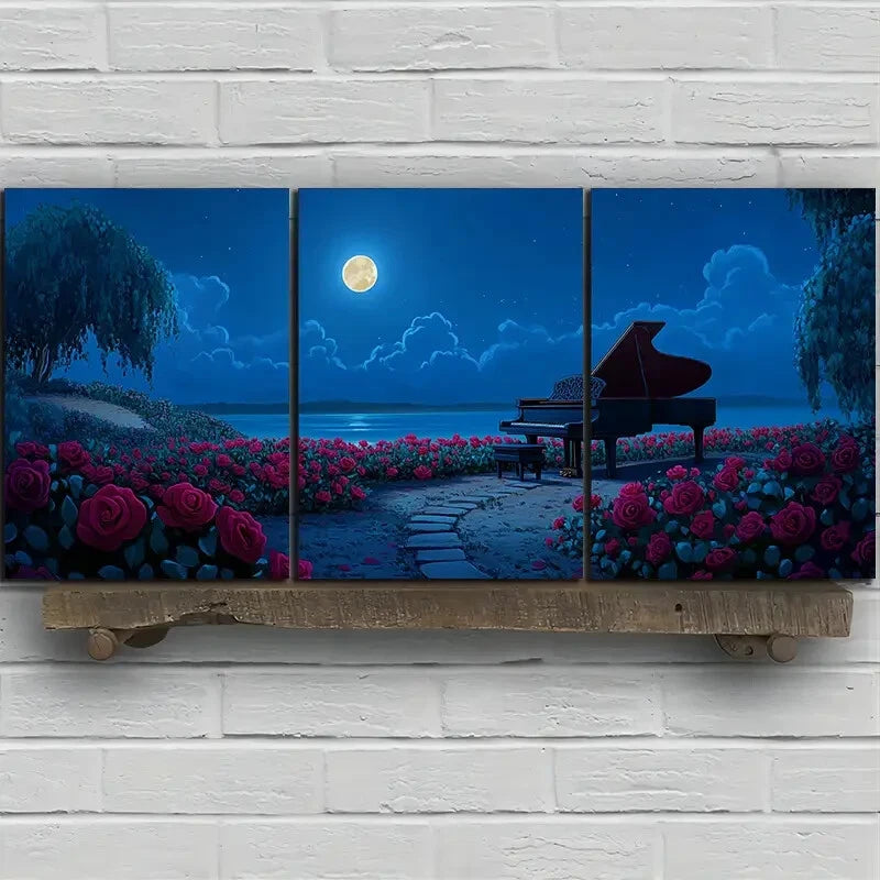 3pcs Rose Piano By The Sea Night Sky Metal Print Ready to Hang Art