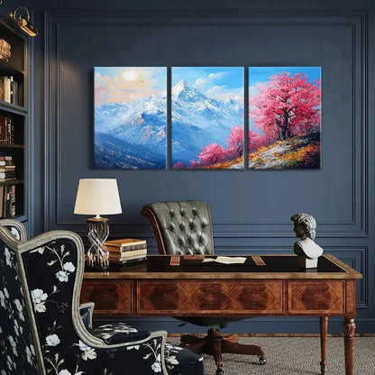 3pcs Mountain Landscape Pink Blossom Trees Metal Print Ready to Hang Art