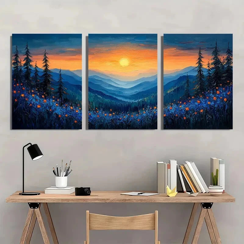 3pcs Oil Painting Texture Blue Landscape Metal Print Ready to Hang Art