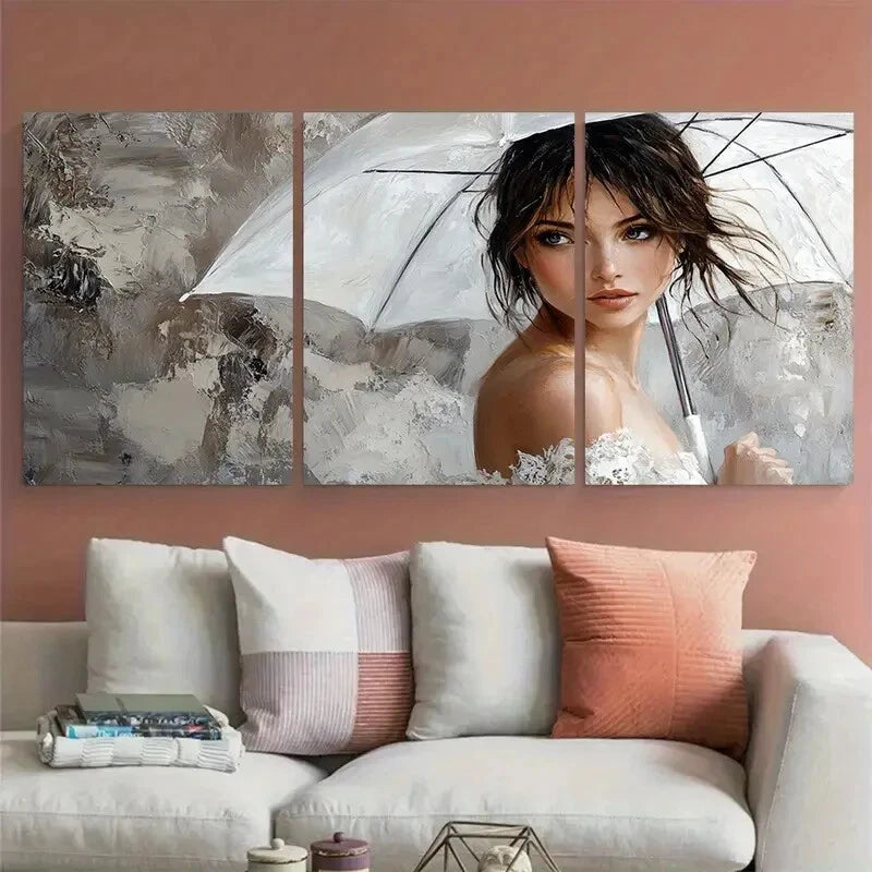 3pcs Woman with White Umbrella Modern Wall Art for Metal Print Ready to Hang Art