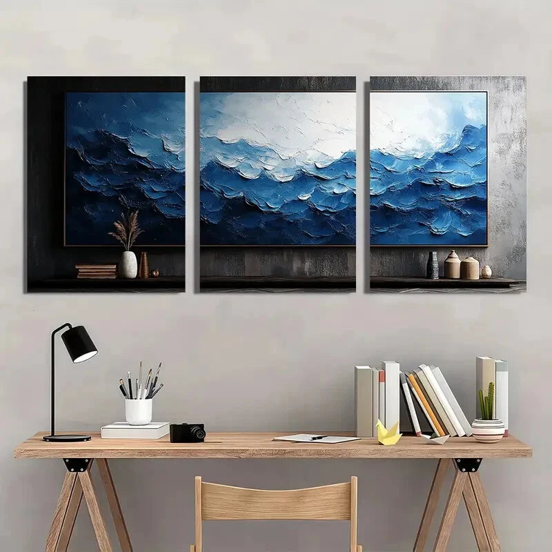 3pcs Dark Blue and White Texture Art Painting Metal Print Ready to Hang Art