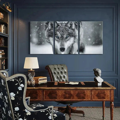 3pcs Winter Wolf Art Snowy Landscape Blue Eyes Metal Print Ready to Hang Art