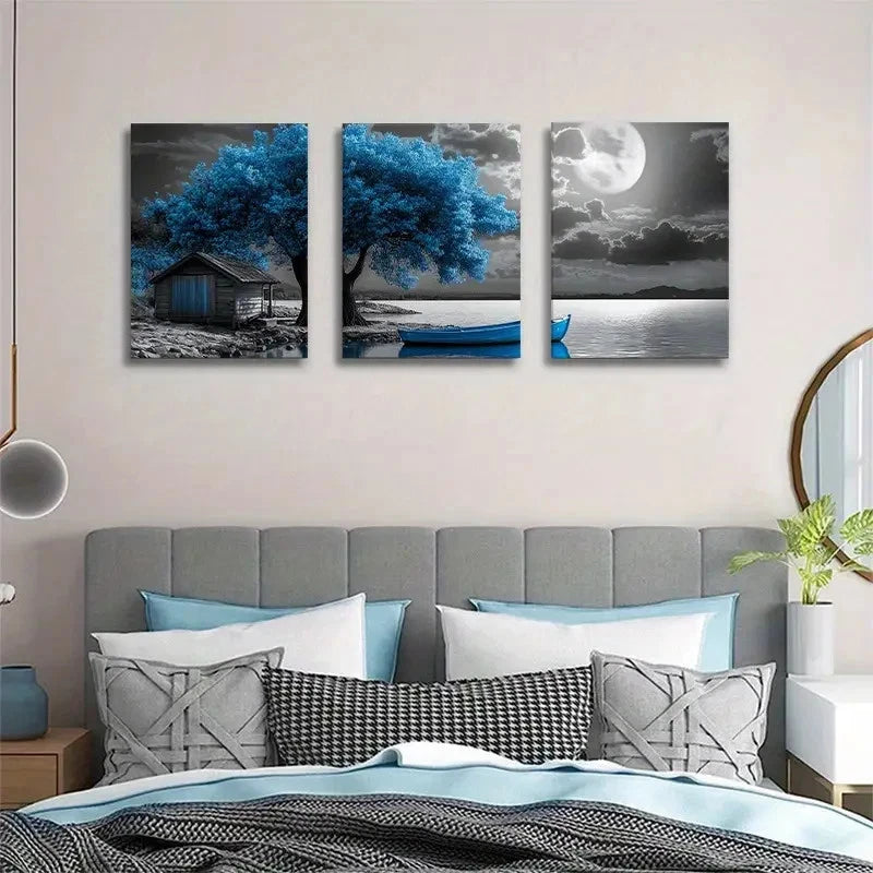 3pcs Blue Tree and Moon Lake Landscape Painting Metal Print Ready to Hang Art