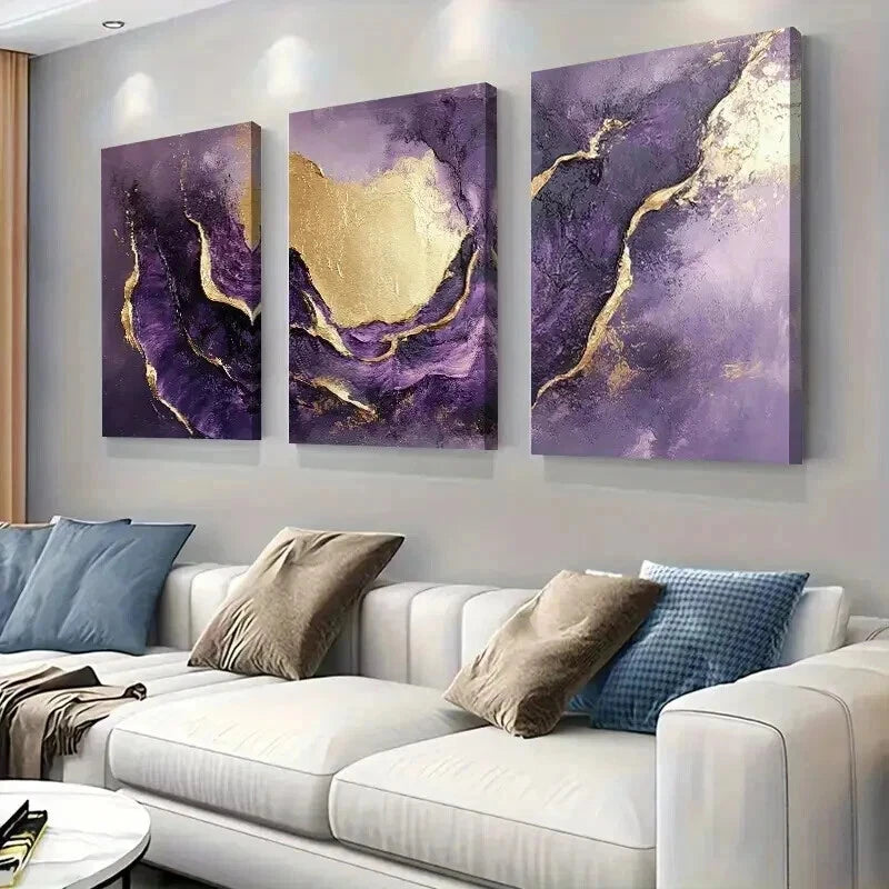 3pcs Purple and Golden Abstract Fluid Wall Art Set Canvas Framed 40x60cm - High Quality Print 100% Australian Made Wall Canvas Ready to Hang