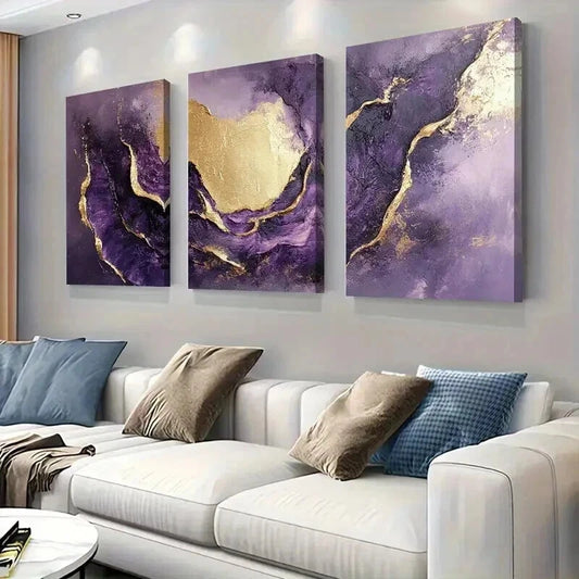 3pcs Purple and Golden Abstract Fluid Wall Art Set Canvas Framed 40x60cm - High Quality Print 100% Australian Made Wall Canvas Ready to Hang