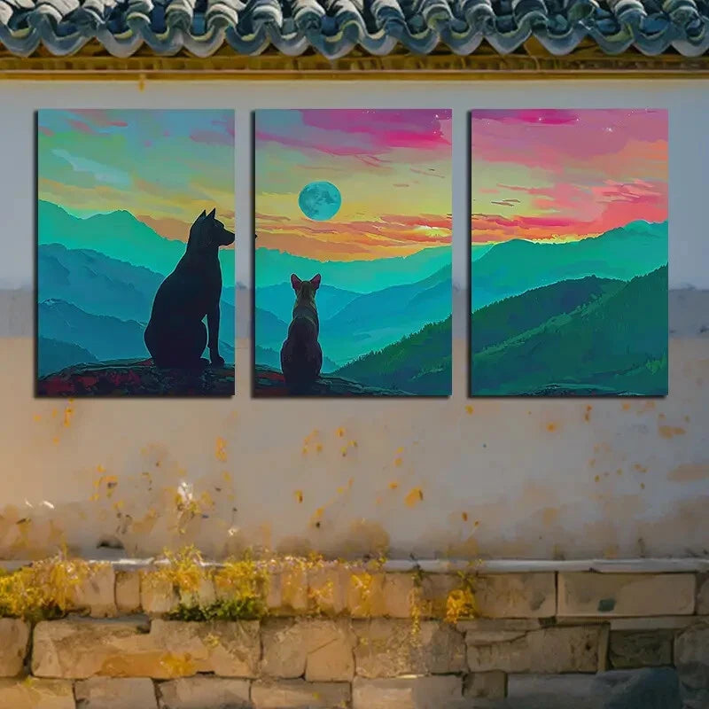 3pcs Cat and Dog Silhouette with Sunset Landscape Metal Print Ready to Hang Art