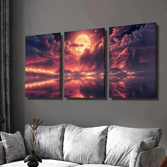 3pcs Dreamy Red Moon Sky Scenery Decor Wall Art Set Canvas Framed 40x60cm - High Quality Print 100% Australian Made Wall Canvas Ready to Hang