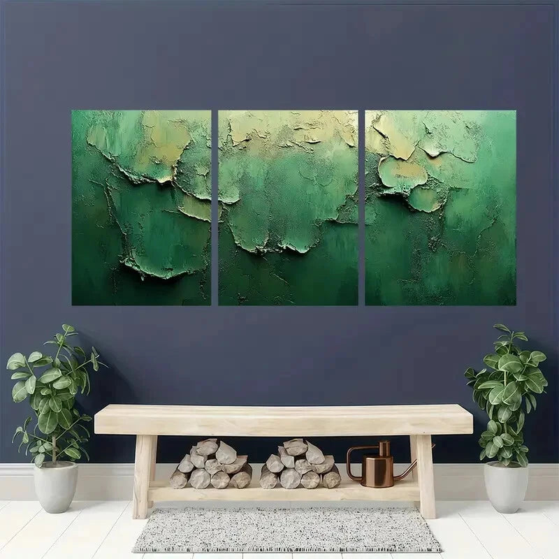 3pcs Minimalist Abstract Green & Beige Textured Metal Print Ready to Hang Art