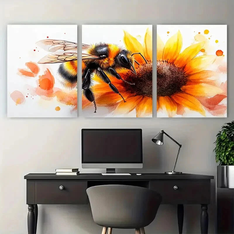 3pcs Vibrant Watercolor Bumblebee on Sunflower Metal Print Ready to Hang Art