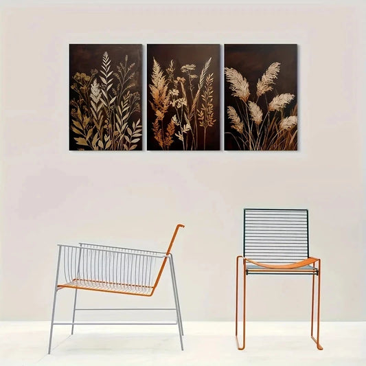 3pcs Golden Grasses Elegant Nature Metal Print Ready to Hang Art