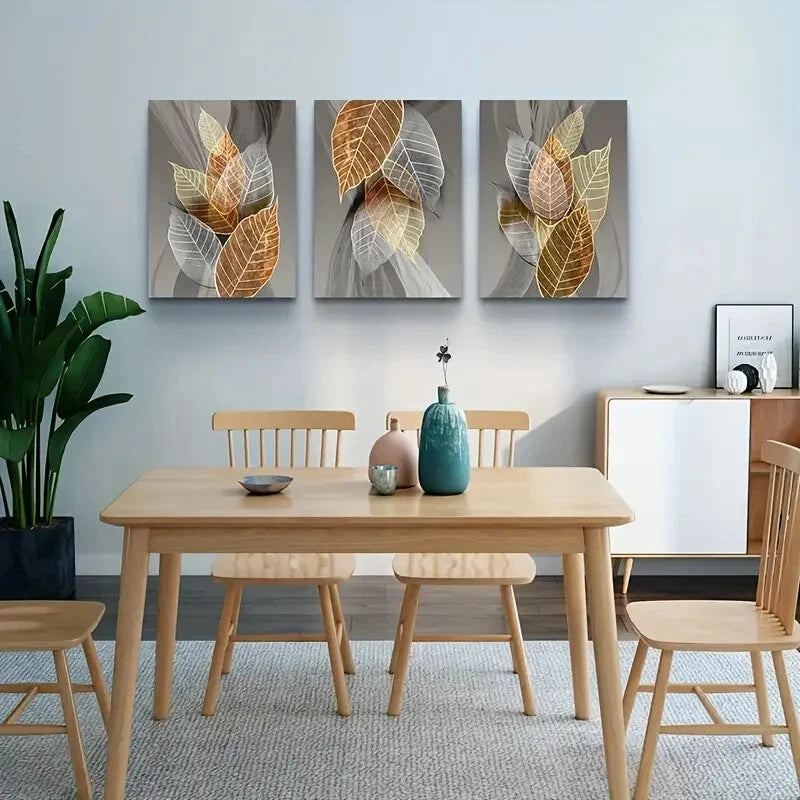3pcs Modern Abstract Leaf Golden Blue and Gray Metal Print Ready to Hang Art