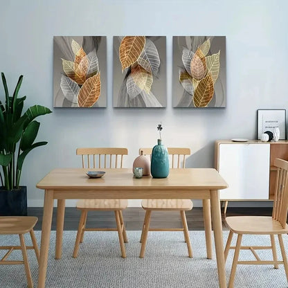 3pcs Modern Abstract Leaf Golden Blue and Gray Metal Print Ready to Hang Art